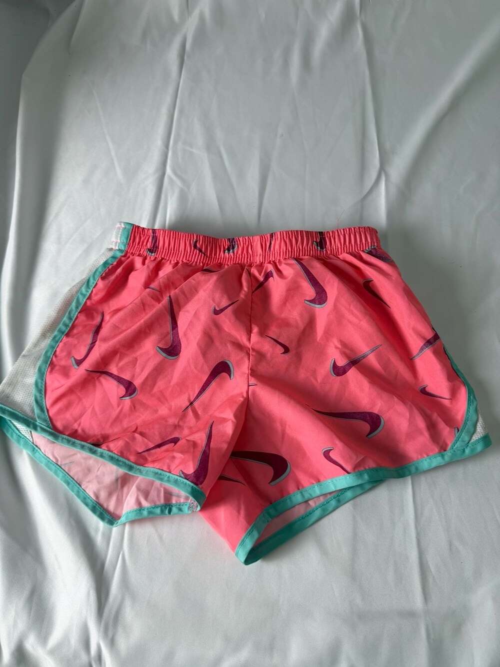 Nike Girls Dri-FIT All-Over Swoosh Tempo Running Shorts Coral Pink Mint Green Si
